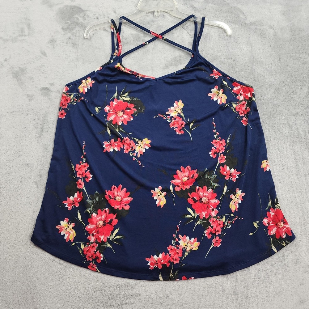 NEW Papermoon Top Womens 2X Blue Floral V-Neck Strappy Cami Tank Stretch Jersey